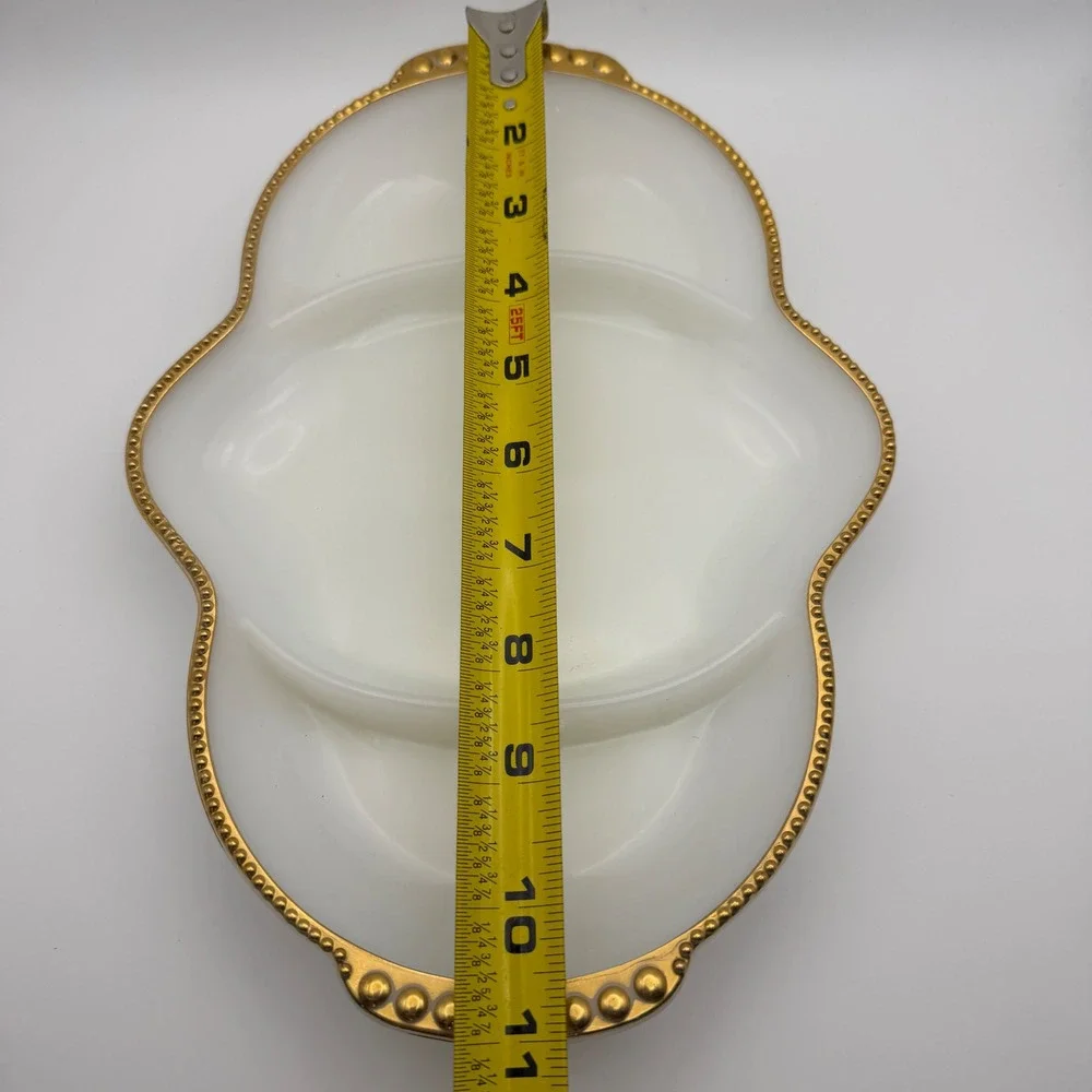 Fire King Milk Glass Divided Relish Tray‎ Gold Beaded Rim Scalloped Vintage 11